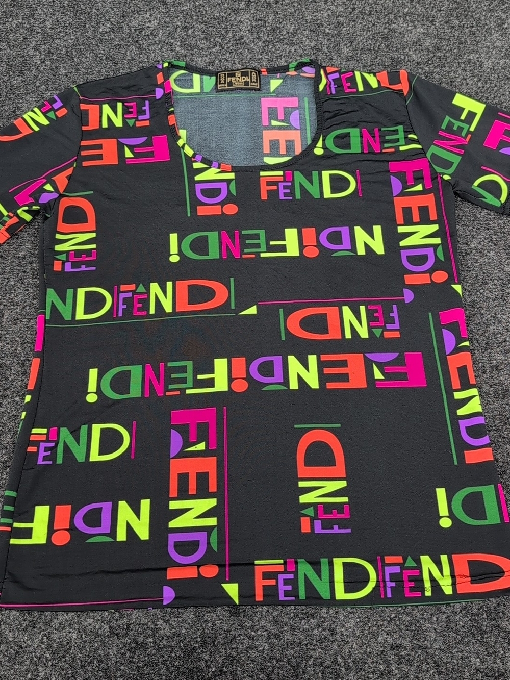 Vtg Fendi Jeans Shirt Small Multi Color Spell Out Logo AOP Short Sleeves Italy